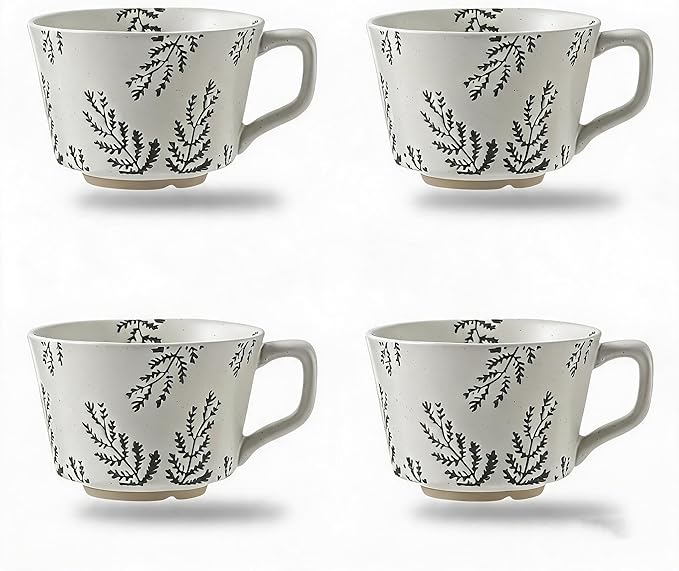 4 Pack Speckled Ceramic Coffee Mugs, 12oz Vintage Green Fern Leaf Large Tea Cups by Tvvtuww