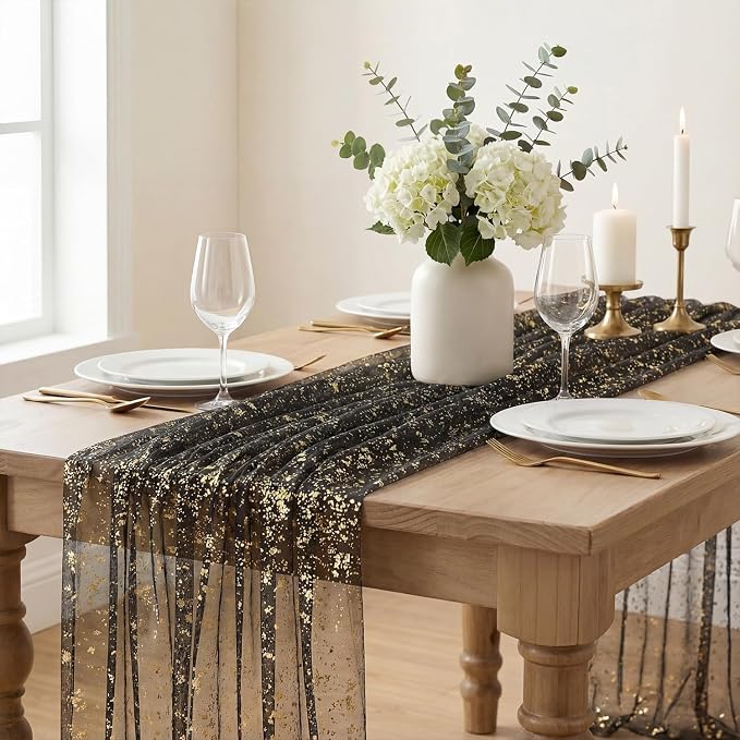 Artoid Mode Black Gold Gauze Table Runner 59x120 Inch 10FT, Glitter Metallic - Image 2