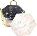 8 Pcs Drink Coasters with Metal Holder Stand, Marble Design Ceramic Coaster Set by Hommtina