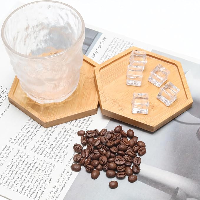 Hexagon Bamboo Tray, 3.8" Wooden Mosaic Craft Base Serving Plate | Natural Wood - Image 3