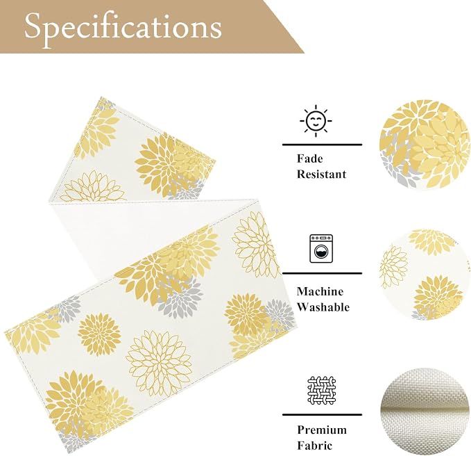 Yellow Gray Table Runner Dahlia Pinnata Flower Beige Table Runners Modern - Image 4