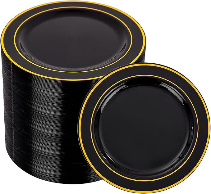 bUCLA 100PCS Black and Gold Plastic Plates by BUCLA