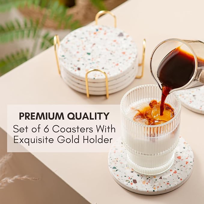 Terrazzo Coasters Set of 6, Colorful Boho Absorbent Ceramic Coasters | Speckled - Image 7