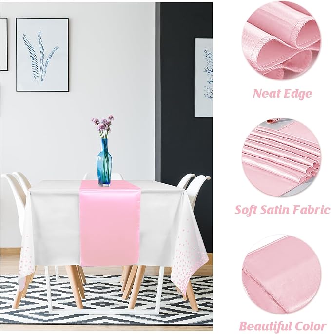 8Pack Disposable Plastic Tablecloths and Satin Table Runner Set White Pink Dot - Image 3