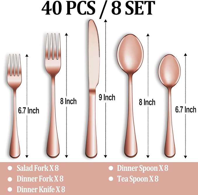 40 Pcs Rose Gold Silverware Set Service - Image 2