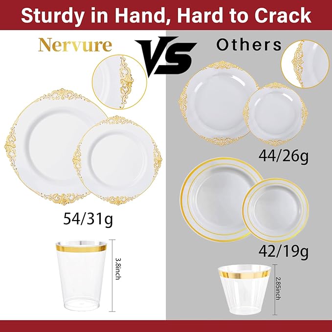 Nervure 350Pcs Gold Plastic Plates, Disposable Dinnerware Set - Image 3