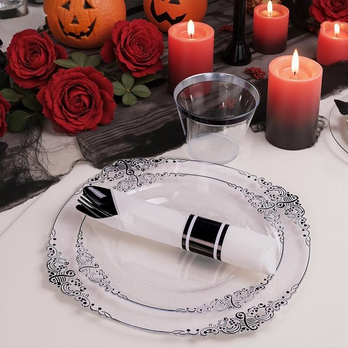 175 Pcs Clear Black Plates for Party | Black Party Plates Set for 25 Guests - Image 4