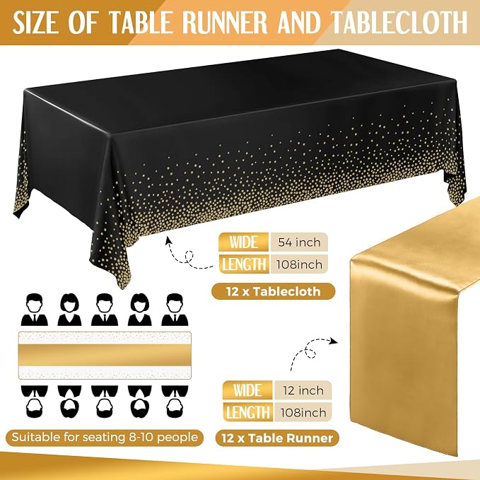24 Packs Black and Gold Disposable Plastic Tablecloths and Satin Table Runner - Image 2