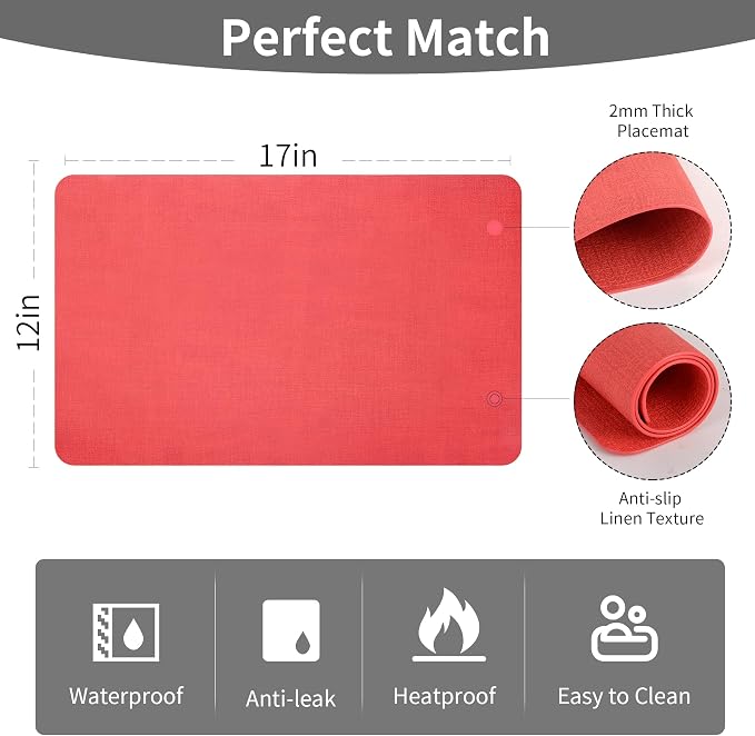 Maxpearl Faux Leather Placemats Set of 8, Light Red | Waterproof - Image 8