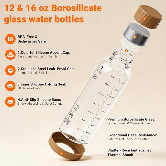 16 oz Glass Juice Bottles 4 Pack, Leakproof Borosilicate Glass Bottles | - Image 3