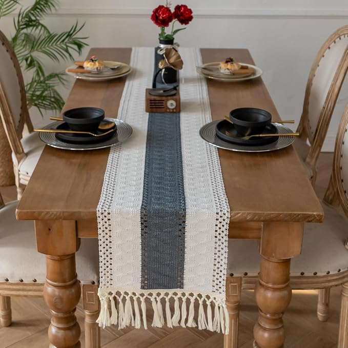 EMMTEEY Boho Table Runner with Tassels 94 Inches Long, Stone Blue | Handmade by EMMTEEY