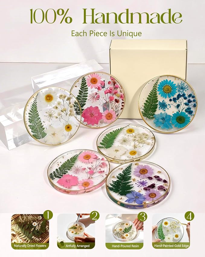 Oqplog Resin Drink Coasters for Desk Coffee Table-Pink&White Dried Flowers - Image 7