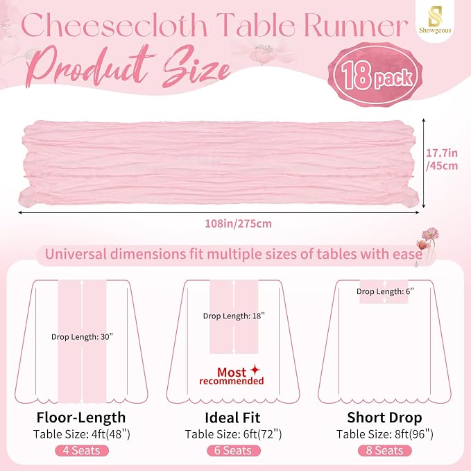 Showgeous 18 Pack Light Pink Cheesecloth Table Runner, 17 x 108 Inches | Boho - Image 2