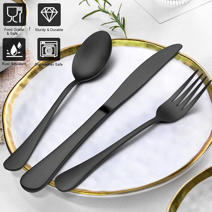 LIANYU 60 Piece Matte Black Silverware Set, Satin Finish Cutlery Set - Image 2