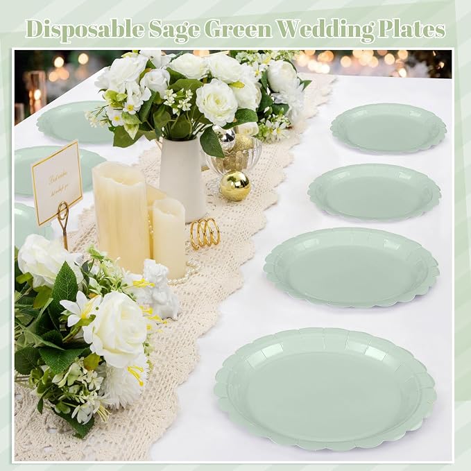 NatNarr 30 Pk Sage Green Paper Plates 9" Scalloped Sage Baby Shower Plates | - Image 8