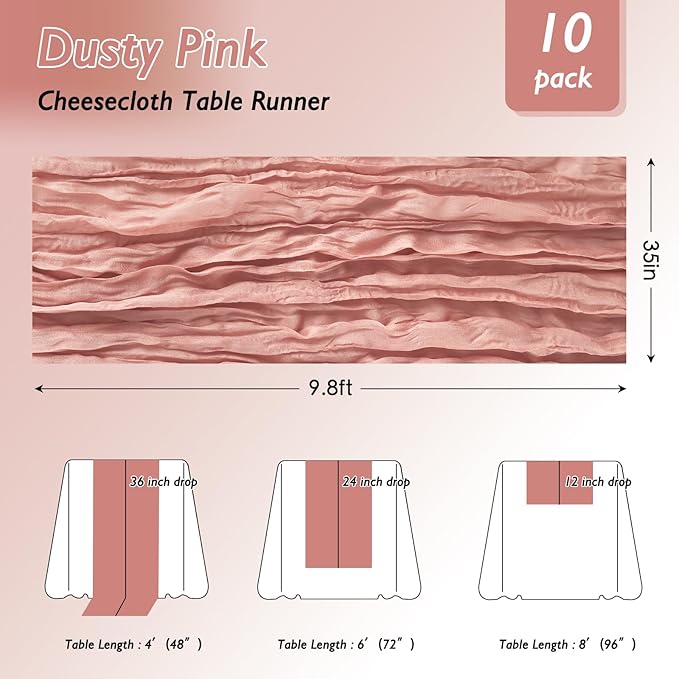 8 Pack Dusty Pink Cheesecloth Table Runner 120 Inch Boho Wedding Decor | - Image 2