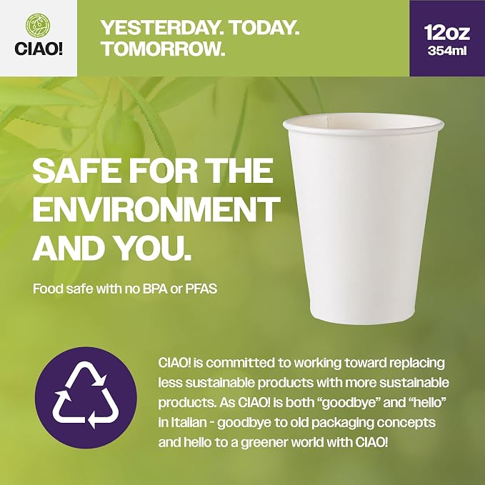 CIAO! 12oz White Paper Hot Cup, Disposable, 90mm Diameter 500 Count - Image 3