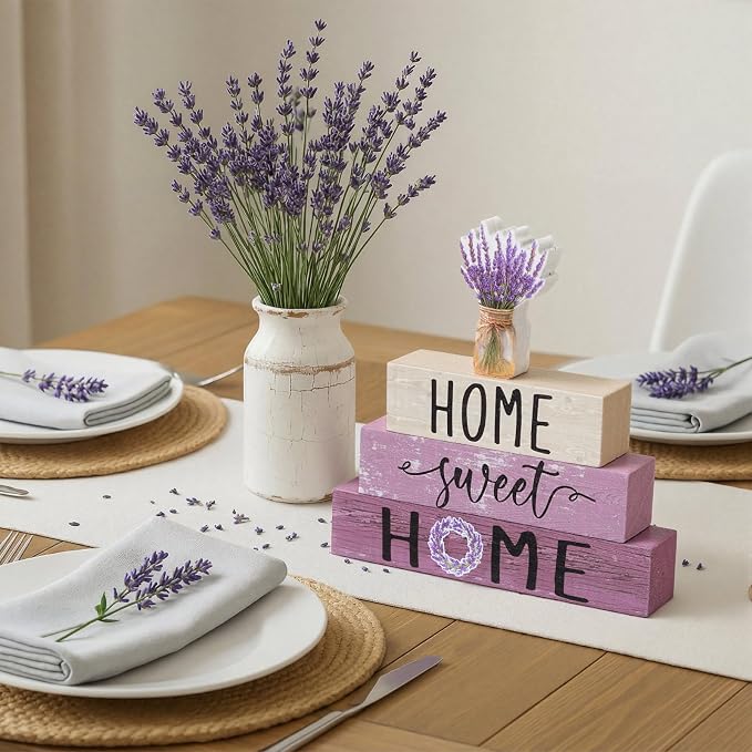 Cinnvoice 4 Pcs Farmhouse Wooden Tabletop Decor Purple Lavenderspring Rustic - Image 6
