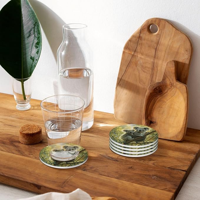 Koala Leaves Pattern Coasters for Drinks Absorbent Round Ceramic Coasters Set - Image 6