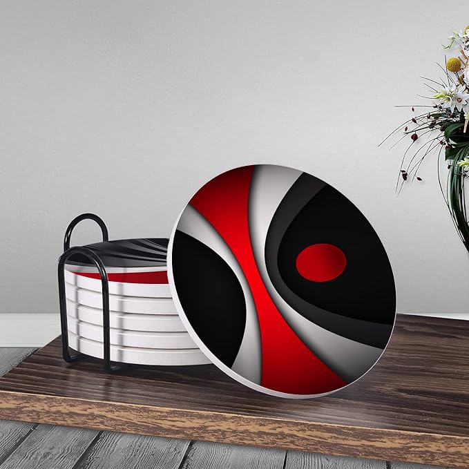 HUXJOKO Coasters for Drinks Set of 6, Modern Red Black Geometric Absorbent - Image 3