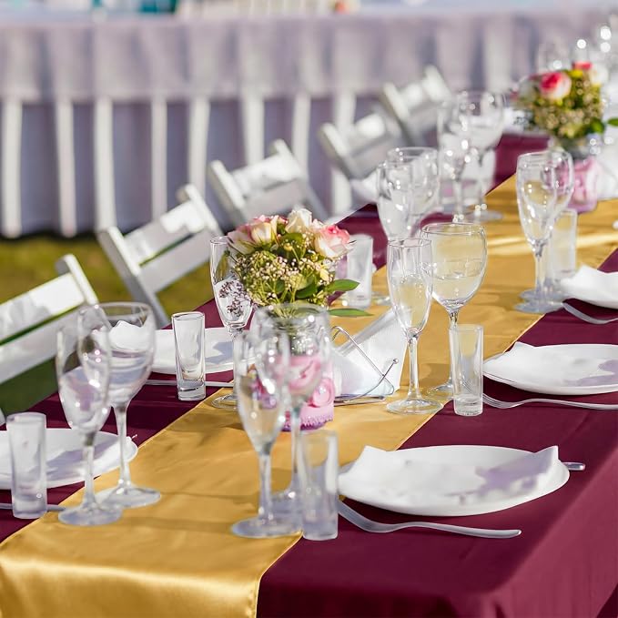 8 Pack Burgundy and Gold Disposable Plastic Tablecloths and Satin Table Runner - Image 5