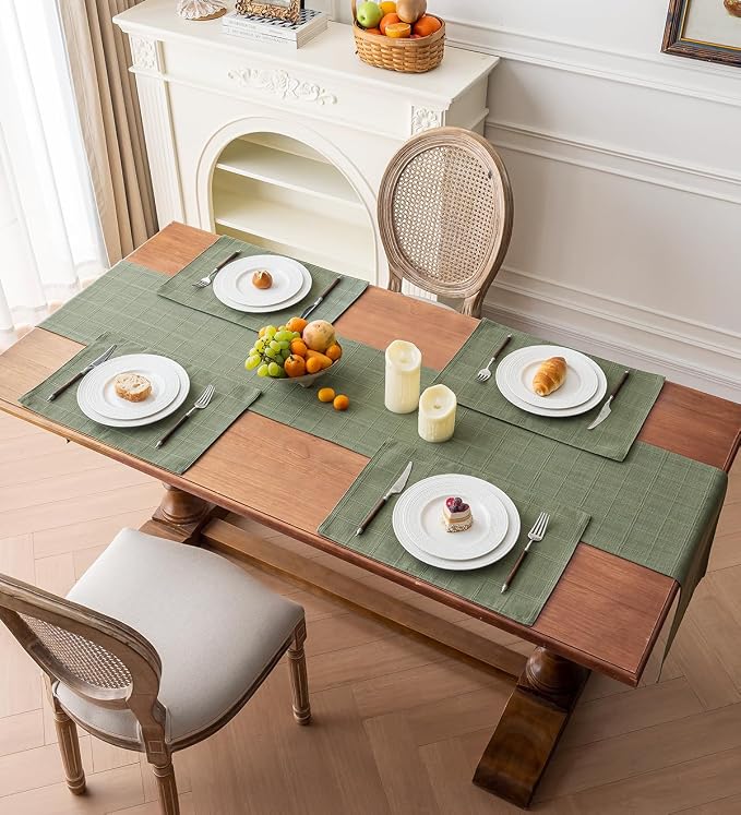 Linen Checked Placemats Set of 6, Sage Green Place Mats 12x18 Inch | Raised - Image 7