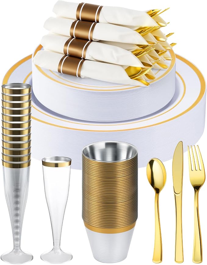 320PCS Gold Plates Sets, Fancy Disposable Dinnerware by GoodLuck