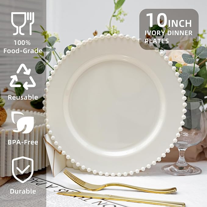 72 Pcs Party Plates Dinner Plate, 10 Inch Ivory Plastic Plate Disposable | - Image 2