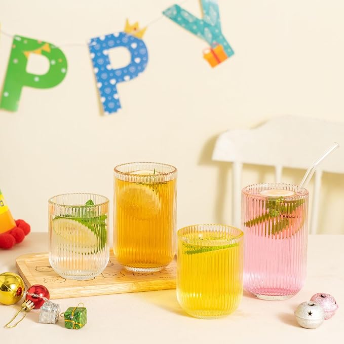 Ribbed Drinking Glasses 4pcs, Rocks Drinking Glasses 12oz and 10oz, Tumbler - Image 3
