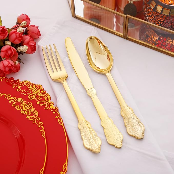 Morejoy 175PCS Red Plastic Plates, 25 Silverware Sets, 25 Cups, 25 Napkins - Image 8