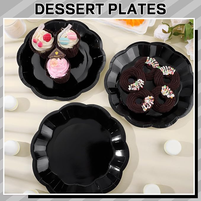 NatNarr 30 Pcs Black Paper Plates, 9 Inch Scalloped Black Plates Dinner Plate - Image 5