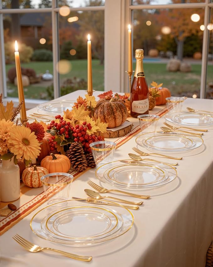 bUCLA 300Pcs Clear Gold Plastic Disposable Dinnerware Set - Image 6