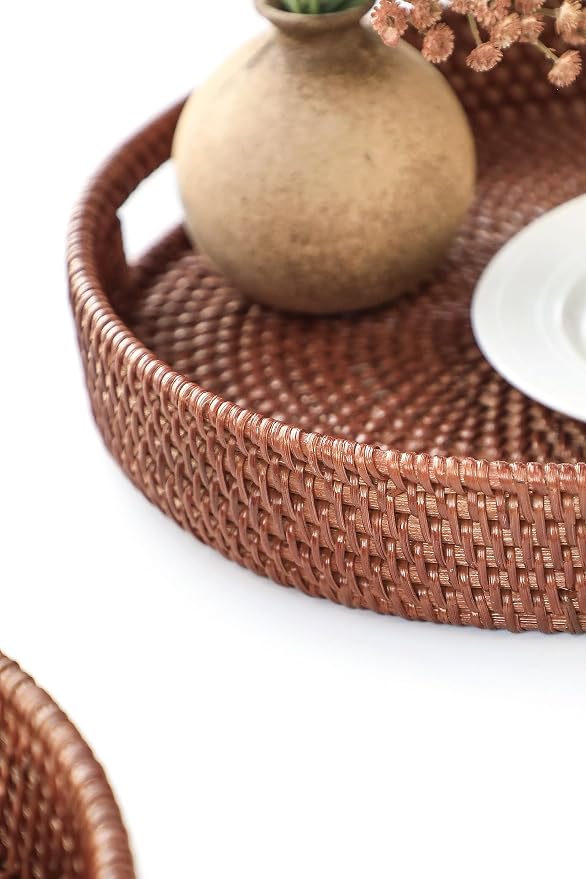 HITOMEN 11.8" Hand-Woven Round Rattan Serving Tray Decorative Wicker Trays - Image 6