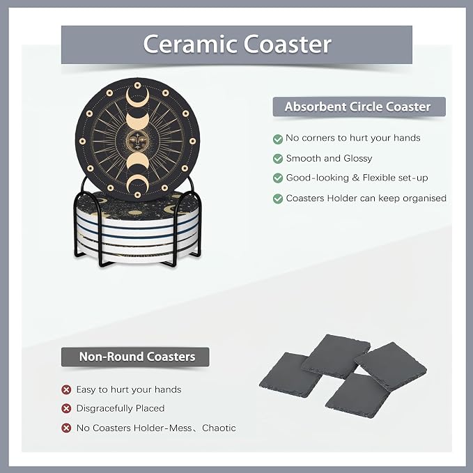 Drink Coasters Set of 6 with Holder, Fit All Cups, Tabletop Protection Mat - Image 4