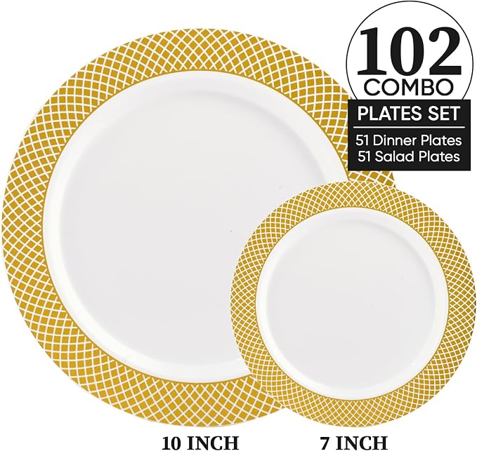 FOCUSLINE Gold Plastic Plates Set of 102, Disposable Plates - Image 6