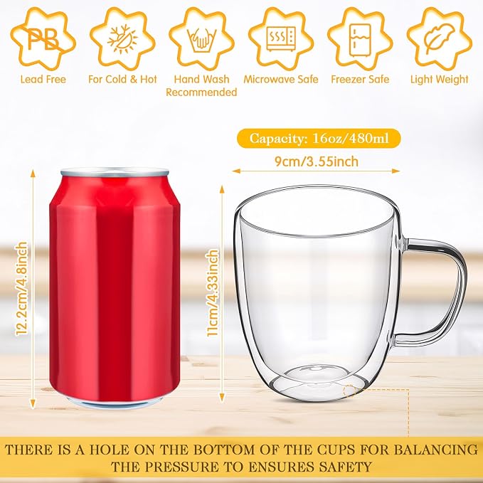 Patelai Glass Coffee Mugs Set of 6, 16 oz Clear Double Walled Coffee Cups - Image 2