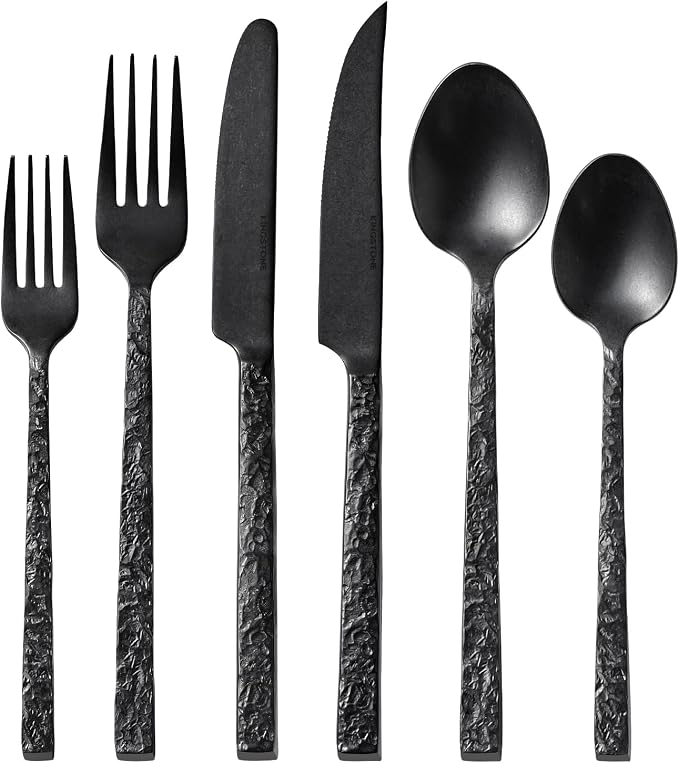 36 Pcs Black Hammered Silverware Set by KINGSTONE