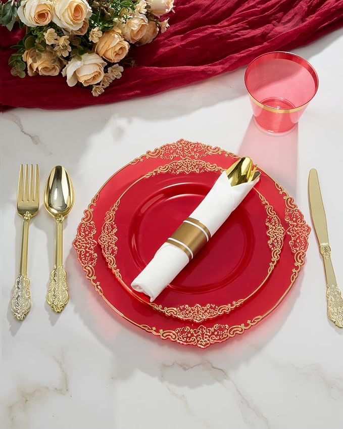 175 Piece Red Dinnerware Set for 25 Guests | Disposable Dinnerware Includes: 50 - Image 3