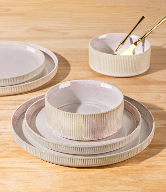 Ceramic Dinnerware Set for 8, 24-Piece Plates and Bowls Set | Lightweight - Image 4