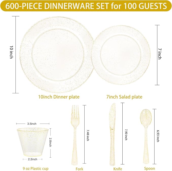 WELLIFE 600 PCS Gold Glitter Disposable Dinnerware Set - Image 4