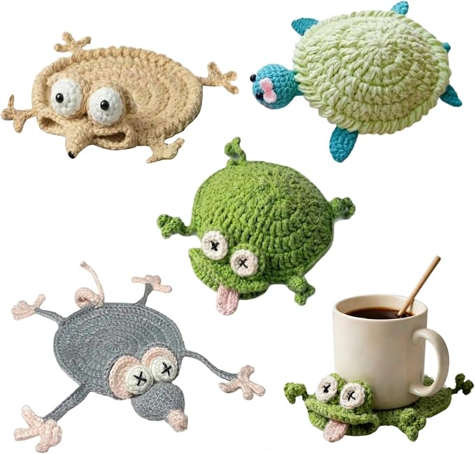 4pcs Animal Crochet Coasters, 3D Funny Animal Mug Rug Drink Coaster Desk by Unknown