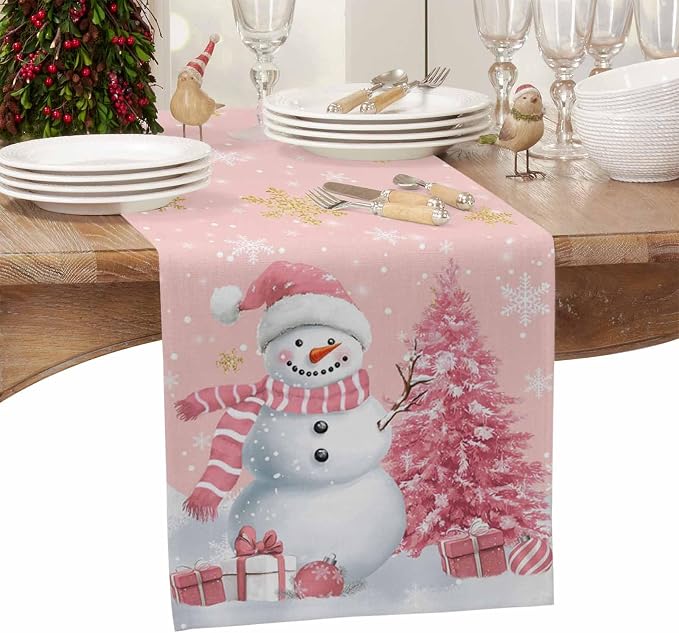 Pink Christmas Snowman Short Table Runners 36 Inches, Cotton Linen Fabric - Image 4