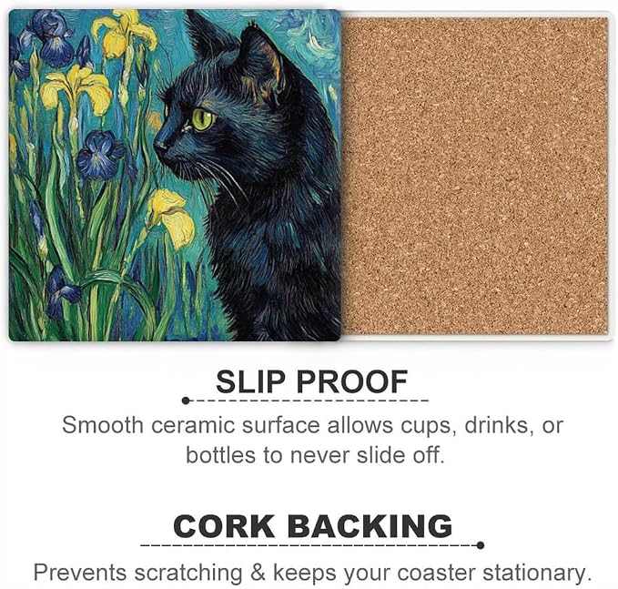 Drink Coasters for Drinks Set of 6, Art and Black Cat Absorbent Square Ceramic - Image 3