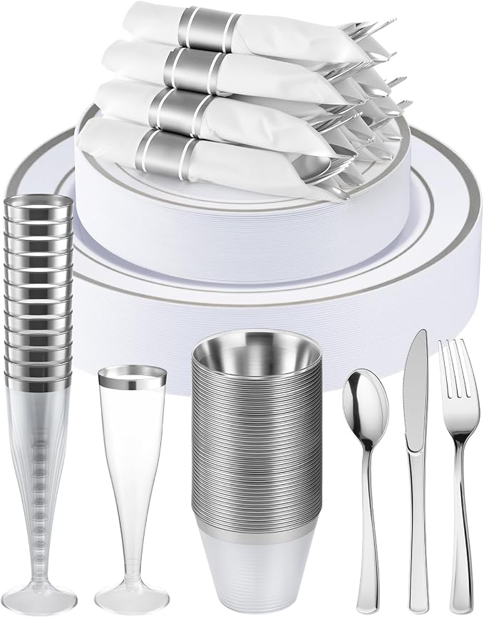 320 PCS Disposable Silver White Plastic Dinner Plate by GoodLuck