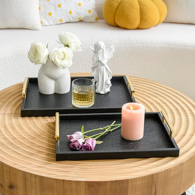 Set of 2 Modern Elegant Large Wood Serving Tray, Rectangle Decorative Tray - Image 3