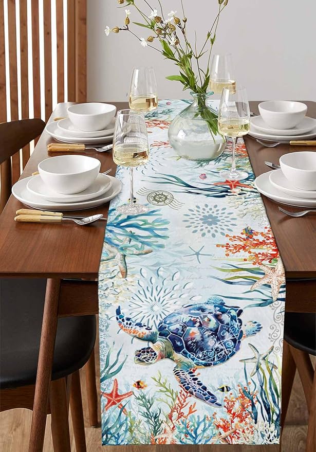 Sea Turtle Coastal Table Runners 36 Inches Long, Summer Beach Coral Table - Image 2