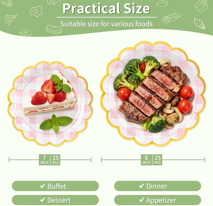 50 Pcs Pink Gingham Paper Plates Disposable, Dessert Cake Plates, - Image 2