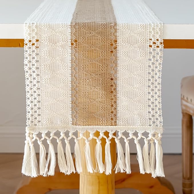 EMMTEEY Boho Table Runner with Tassels 94 Inches Long, Cream Brown | Handmade - Image 5