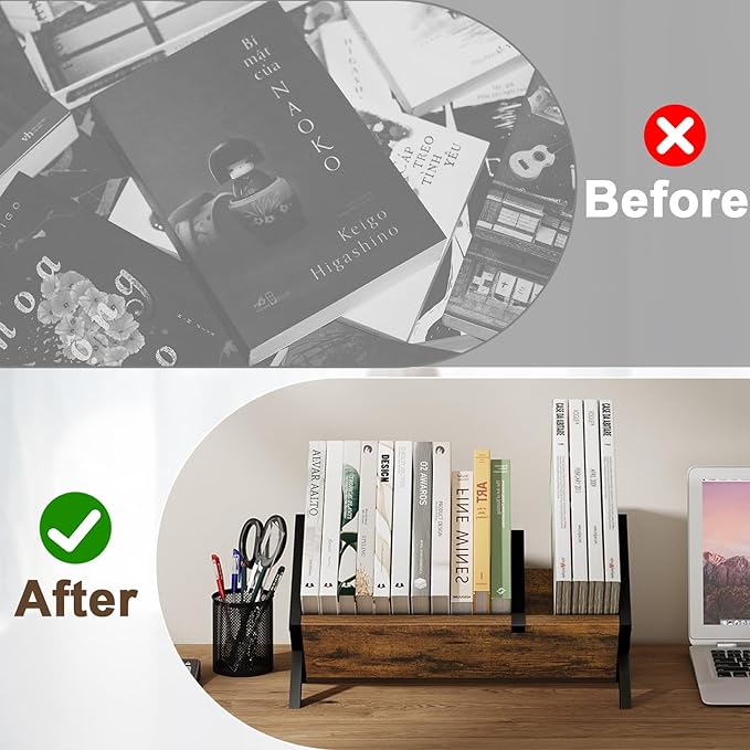 YINMIT Wood Desktop Bookshelf, Retro Tabletop Bookshelf, Desk Shelf - Image 7