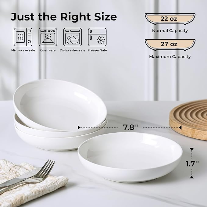 YHY Pasta Bowls Set of 4, 22 oz Ceramic Salad Plates, 7.8 Inch Wide Shallow - Image 2